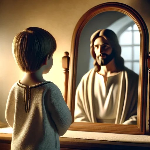 A child looks in the mirror and sees Jesus looking back at him.